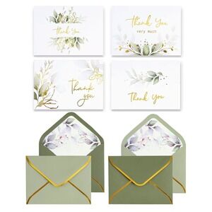 83 PK Sage Green Thank You Cards Botanical Gold Foil Envelopes